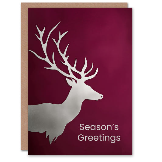 Seasons Greetings Silver Stag Silhouette Elegant Burgundy Christmas Card