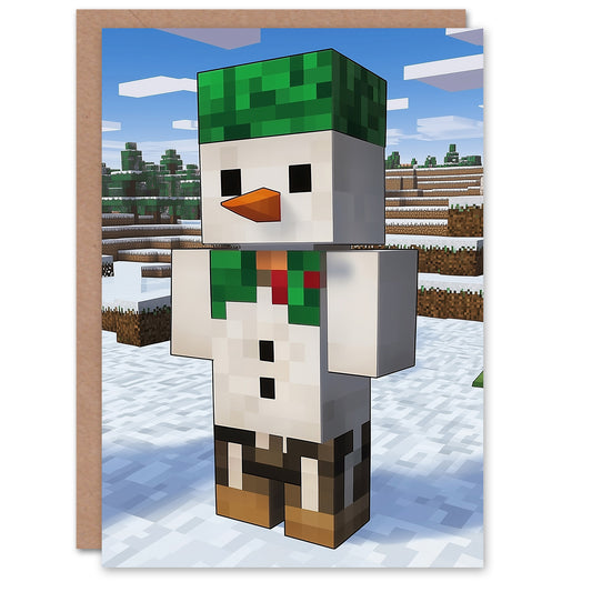Snow Man Winter Block World Video Game Design Christmas Card