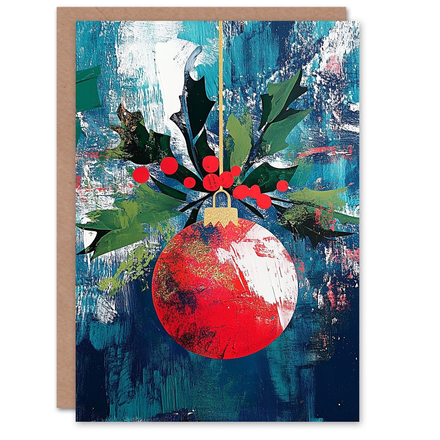 Single Hanging Red Bauble Ornament Holly Christmas Card