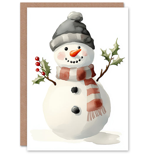 Cute Snowman Holly Branch Arms Watercolour Christmas Card