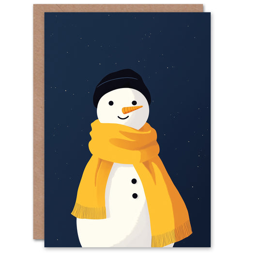 Cute Snowman Yellow Winter Scarf Starry Night Christmas Card