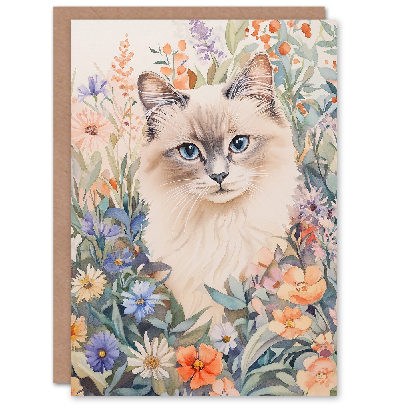 Ragdoll Cat Lover Floral Pet Portrait Watercolour Greeting Card