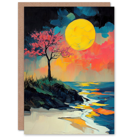Cherry Blossom Tree By Shore Coastal Sunset Greeting Card