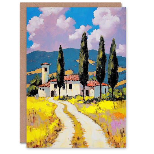 Italian Countryside Villa Cypress Trees Landscape Greeting Card