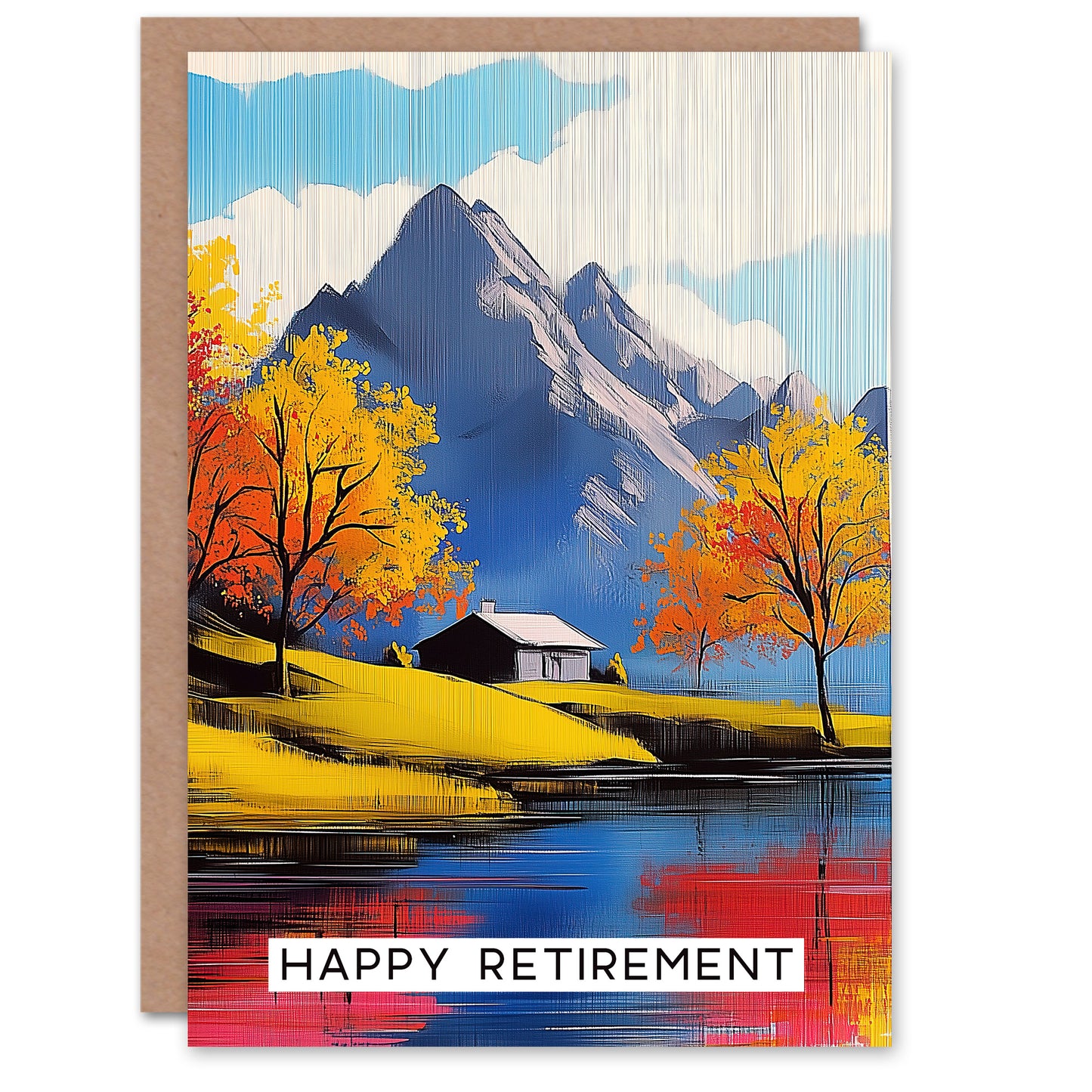Retirement Greeting Card Lakehouse Cottage Mountain Lake Autumn Landscape