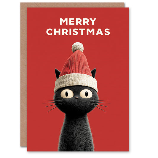 Christmas Card Black Cat Lover Cute Pet Wearing Santa Hat