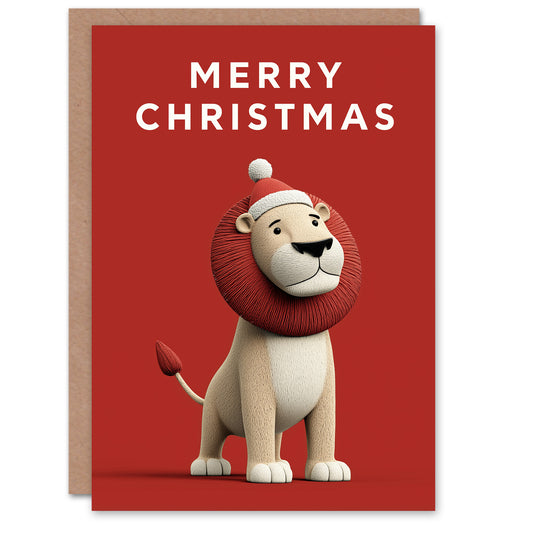 Christmas Card Cute Lion Wearing Santa Hat Big Cat Lover