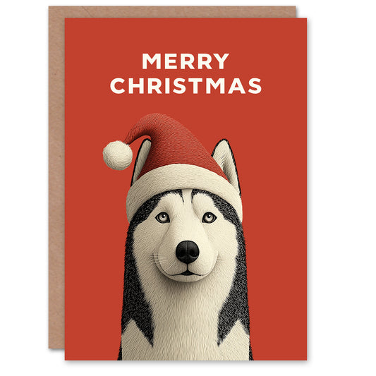 Christmas Card Dog Lover Cute Siberian Husky Wearing Santa Hat