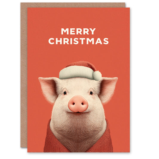 Christmas Card Cute Pig Wearing a Santa Hat and Cardigan