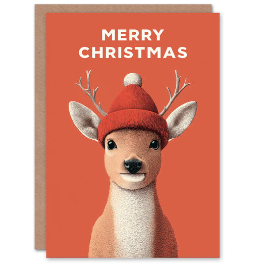 Christmas Card Cute Reindeer Calf Wearing a Red Knitted Hat
