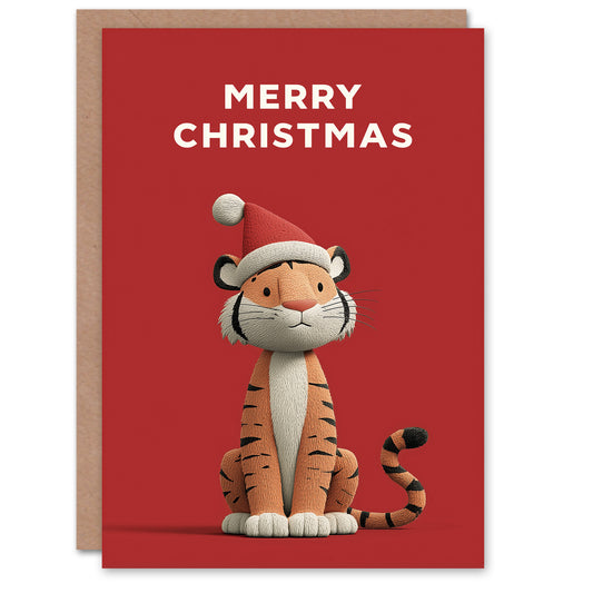 Christmas Card Cute Cartoon Style Tiger Wearing Santa Hat