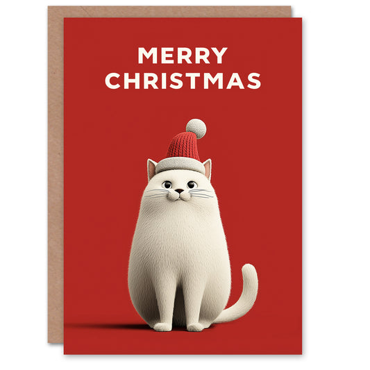 Christmas Card White Cat Lover Cute Pet Wearing Santa Hat