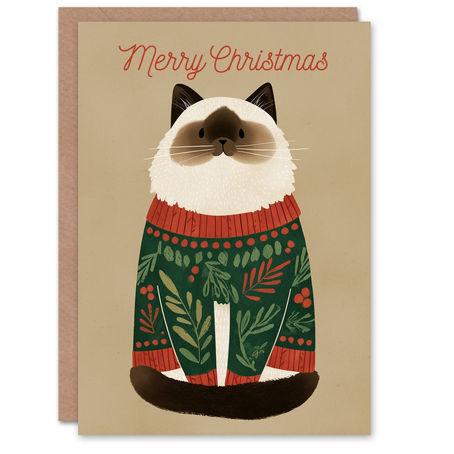 Christmas Card Cute Brown Point Ragdoll Cat in Festive Sweater