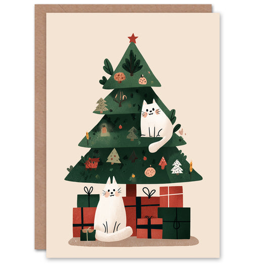 Christmas Card Decorated Tree With Two Pet Cats and Presents