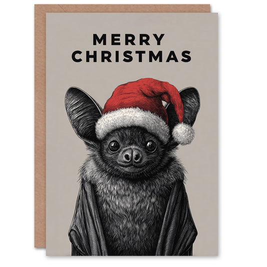 Christmas Card Cute Bat Wearing Santa Hat Vintage Style Drawing