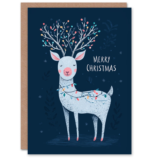 Christmas Card Rudolph With Fairy Lights Cute Reindeer Drawing