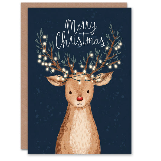 Christmas Card Cute Rudolph Red Nosed Reindeer With Fairy Lights