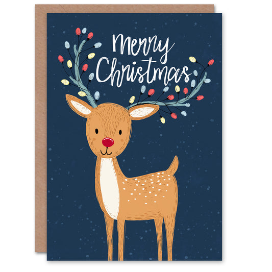 Christmas Card Cute Reindeer Rudolph With Antler String Lights