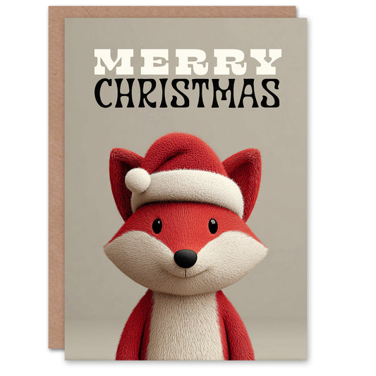 Christmas Card Cute Cartoon Style Red Fox Wearing a Santa Hat