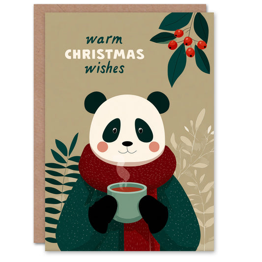 Christmas Card Cute Happy Panda With Hot Chocolate Cup