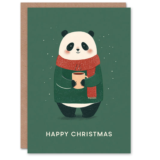 Christmas Card Cute Panda in a Sweater with Cup of Hot Chocolate