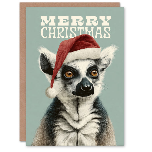 Christmas Card Lemur Wearing a Santa Hat Festive Animal Portrait