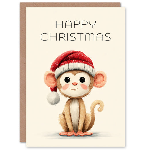 Christmas Card Cute Baby Monkey Cartoon Wearing Santa Hat