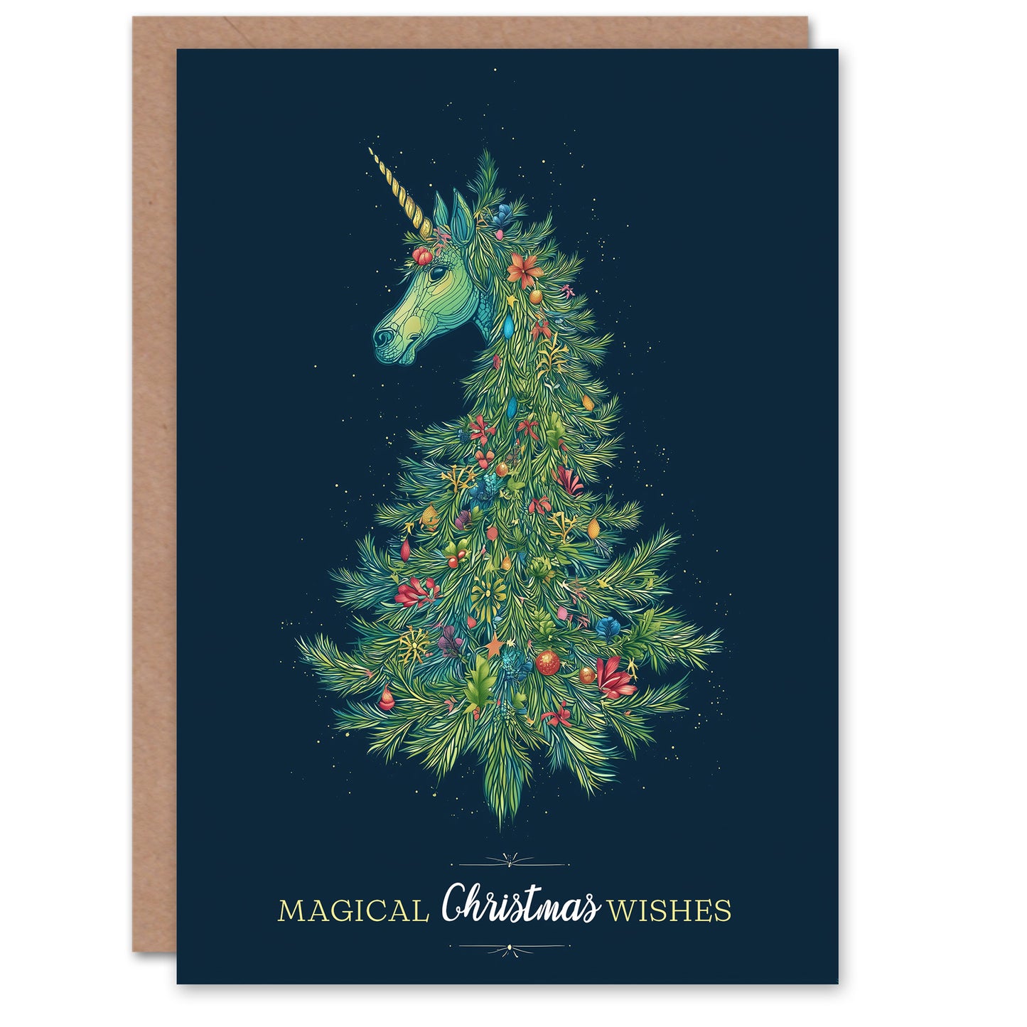 Christmas Card Unicorn Decorated Christmas Tree Fantasy Art