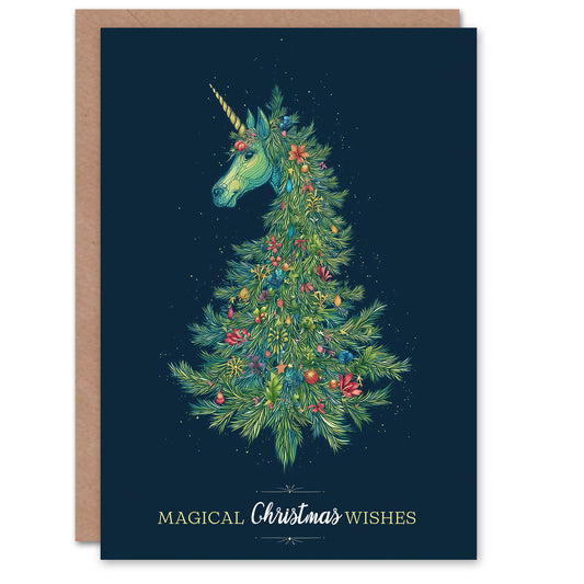 Christmas Card Unicorn Decorated Christmas Tree Fantasy Art