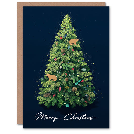 Christmas Card Decorated Tree with Two Capybaras Ornaments