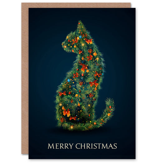 Christmas Card Cat Silhouette Colourful Decorated Christmas Tree