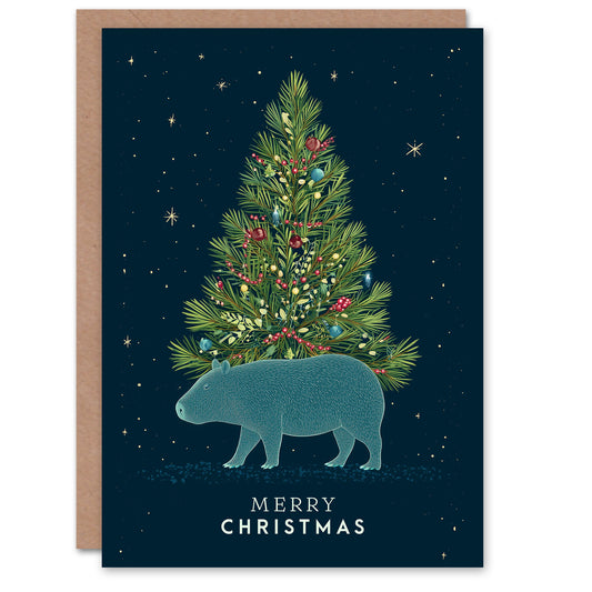 Christmas Card Capybara and Colourful Decorated Christmas Tree