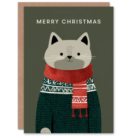 Christmas Card Grey Ragdoll Cat With Festive Sweater and Scarf