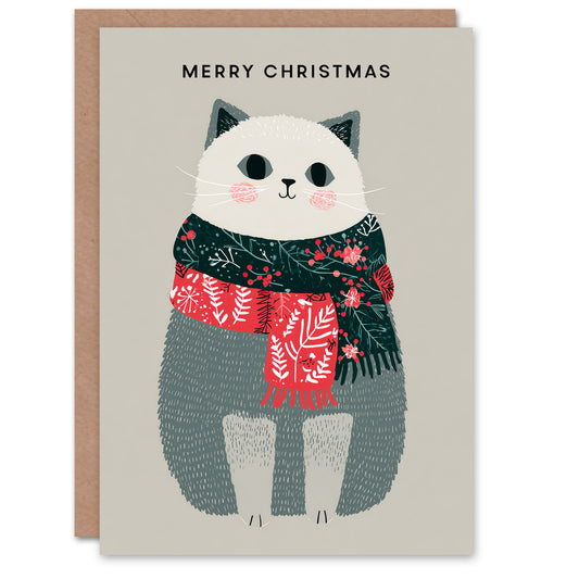 Christmas Card Cute Grey Ragdoll Cat With Festive Season Scarfs