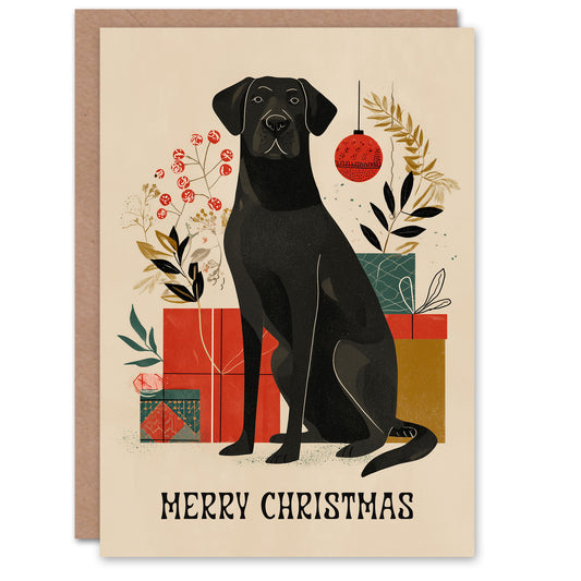 Christmas Card Black Labrador Dog Pet and Xmas Presents