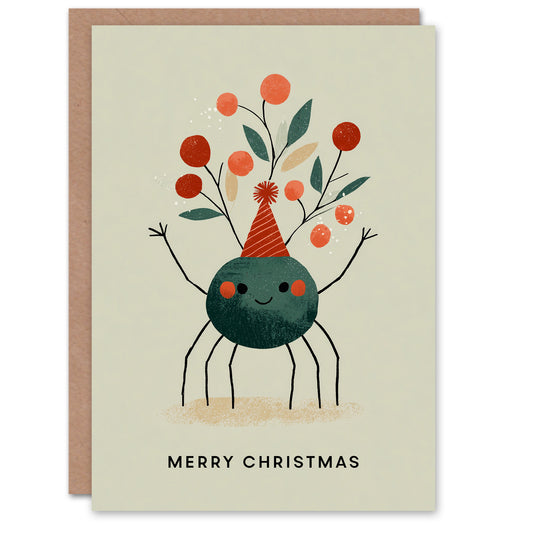 Christmas Card Happy Dancing Cartoon Spider Wearing Festive Hat