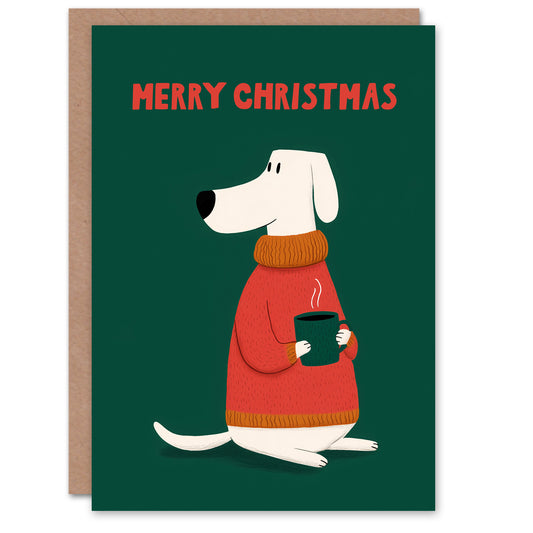 Christmas Card White Dog With Red Sweater and Hot Chocolate