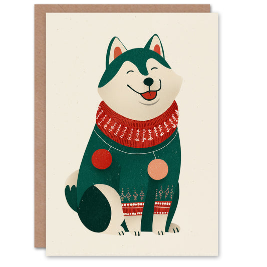 Christmas Card Happy Husky Dog Wearing Cosy Festive Sweater