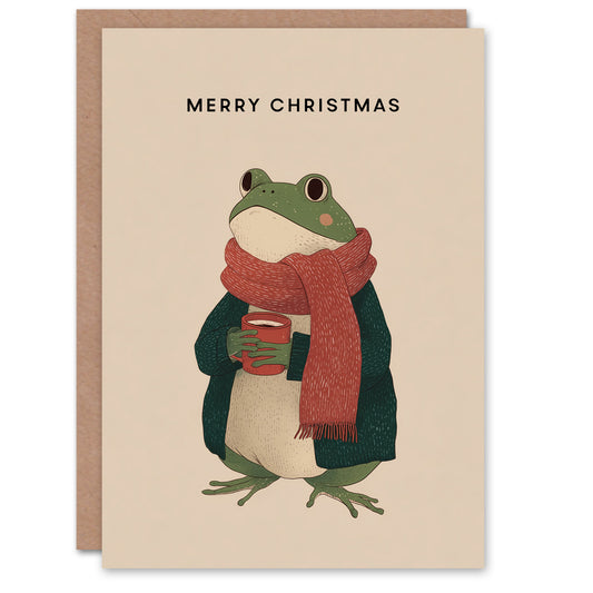 Christmas Card Frog With Scarf Cardigan and Cup of Hot Chocolate