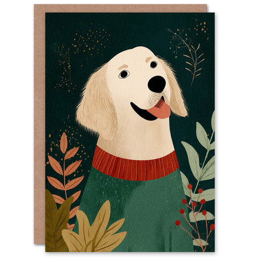 Christmas Card Golden Retriever in Festive Sweater Folk Art