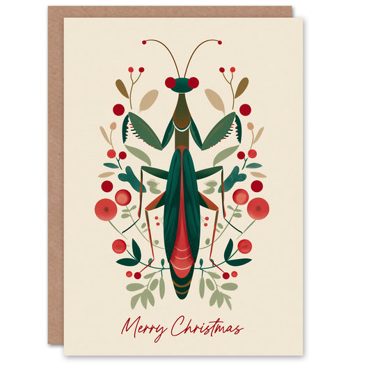 Christmas Card Modern Scandi Pattern Festive Praying Mantis