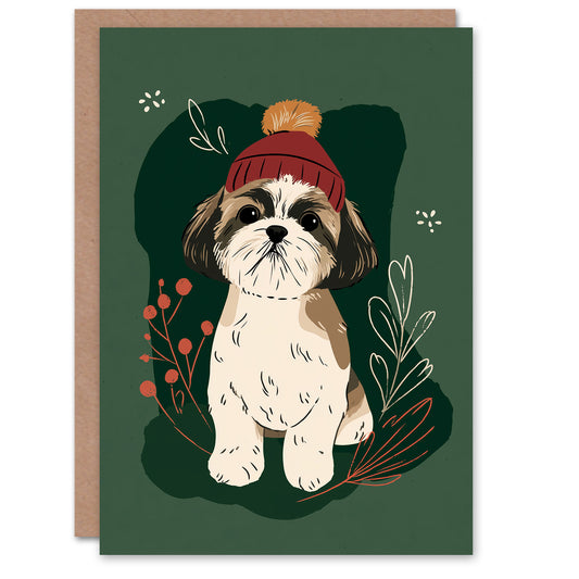 Christmas Card Cute Shih Tzu Dog Pet Midcentury Modern Style
