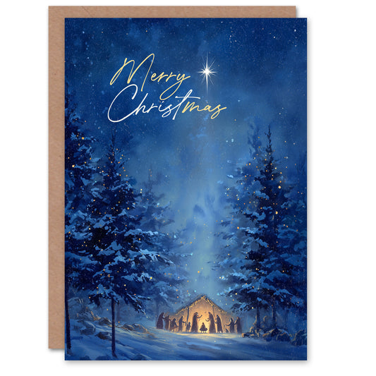 Christmas Card Nativity Scene in Snowy Winter Pine Tree Forest