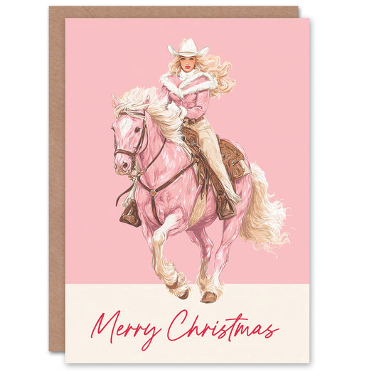 Christmas Card Blonde Cowgirl Riding Horse Baby Pink Theme