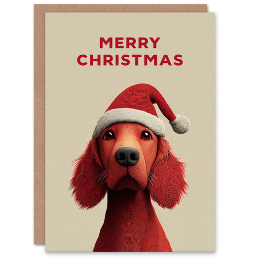 Christmas Card Cute Irish Setter Dog Puppy Wearing Santa Hat