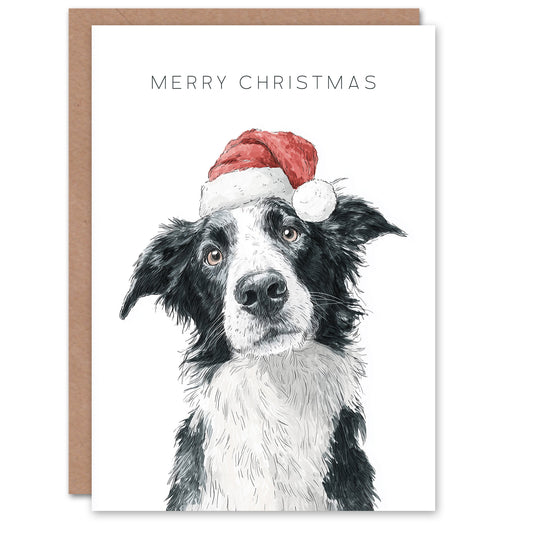 Christmas Card Cute Collie Dog Wearing Santa Hat Watercolour