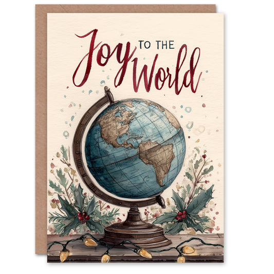 Christmas Card Joy To The World Globe Holly Watercolour