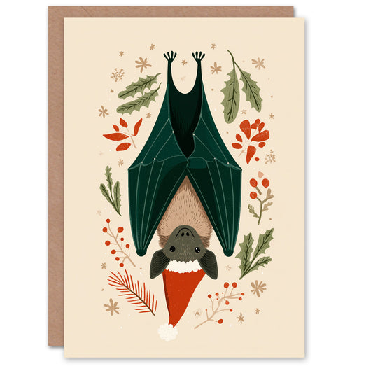 Christmas Card Upside Down Bat in Santa Hat With Holly and Pine