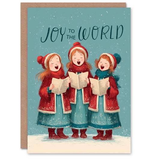 Christmas Card Joy To The World Girl Carollers Singing In Snow