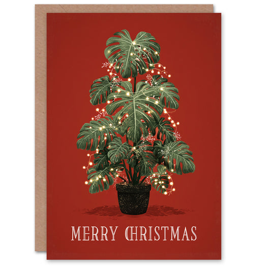 Christmas Card Fairy Lights Decorated Monstera Plant Tree